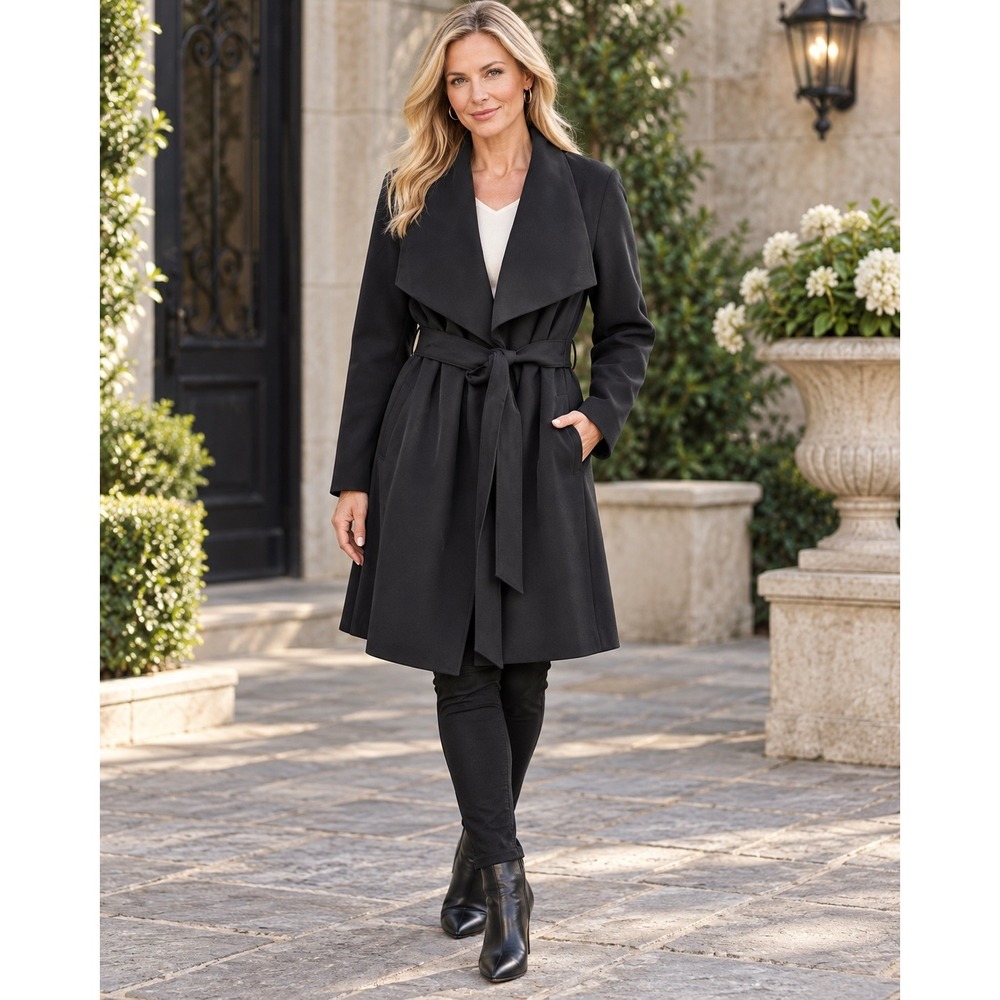 Lauren Ralph Lauren Coat Womens XL Black Belted Wrap Waterfall Collar NWT